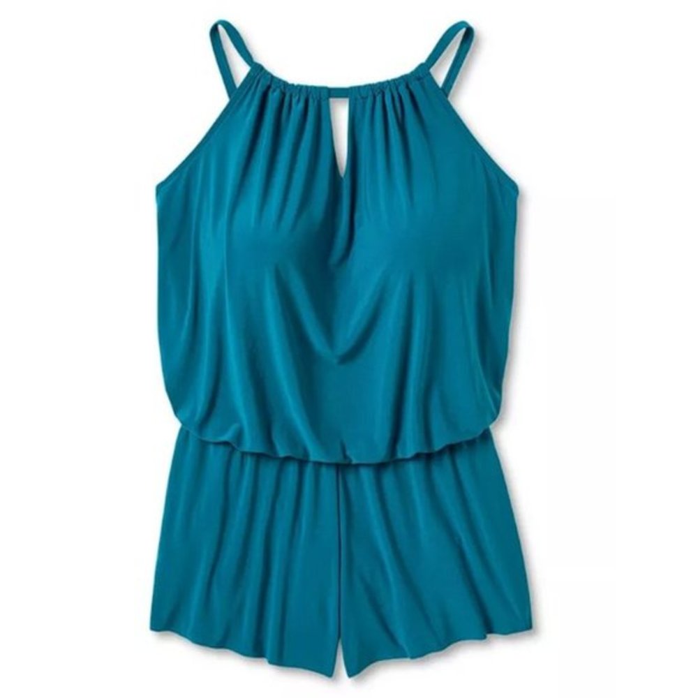 Aqua Green Plus‎ Size Teal High Neck Swim Romper Side Pockets Swimsuit 26W